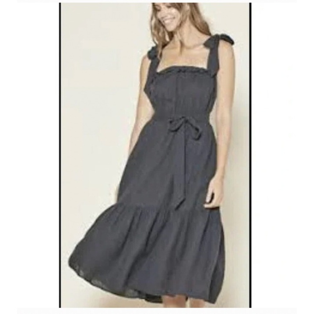 Outerknown Womens Oasis Midi Layered Dress Navy Blue Tie Straps Size L NWT‎